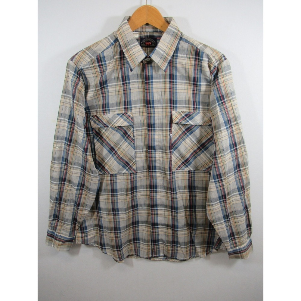 Vintage 70s Levi's Western Button Up Shirt Men Large Long Sleeve Plaid Roll Tab